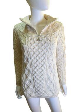 Aran Craft Wool Cable-Knit Crewneck Pullover Zip Sweater Cream Womens S Ireland